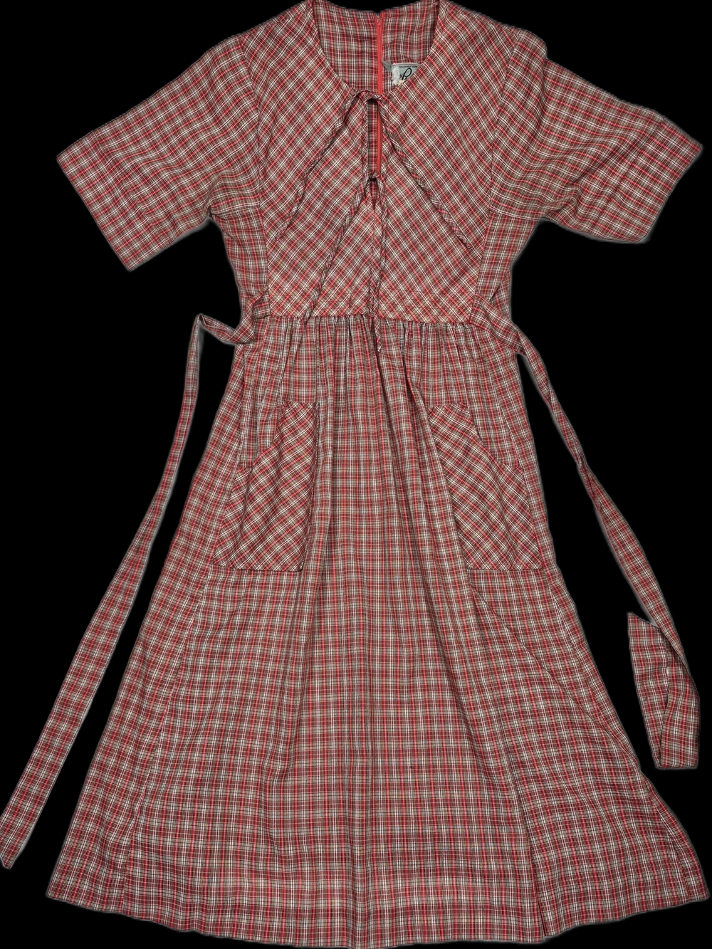 Vintage Pentel Brand Womens Red Plaid Housedress With Tie-Waist
